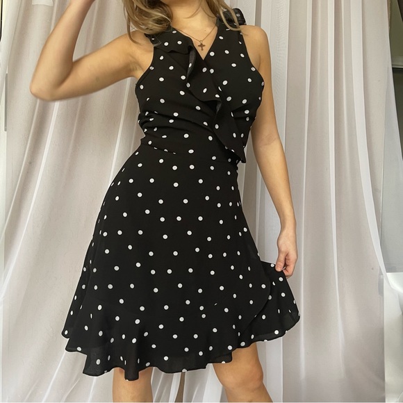Lulus Black Polka Dots Wrap Dress ruffled neckline, sleeveless Romantic Sz M - Picture 8 of 13